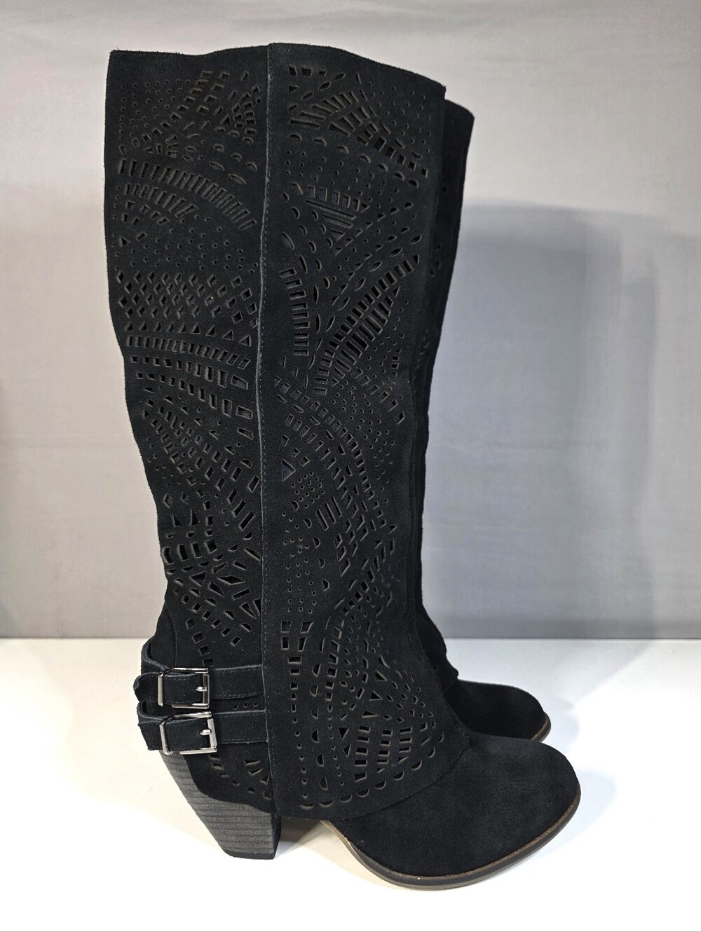 Lulus Naughty Monkey Fast Times Black Suede Leather Laser-Cut Boots
